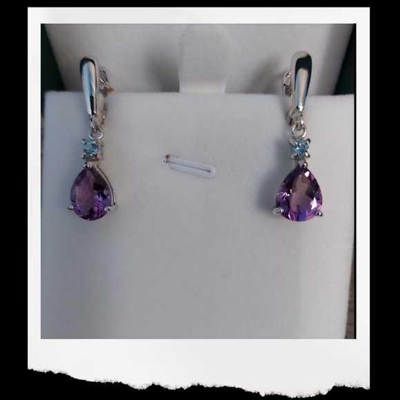 AMETHYST EARRINGS & NECKLACE SET W/ SKY-BLUE TOPAZ - Picture 6 of 9